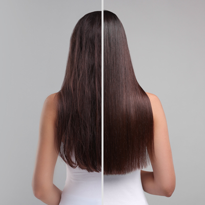 side by side comparison of hair with one side showing frizzy hair and the other side showing smooth straight hair two different styles of hair transformation